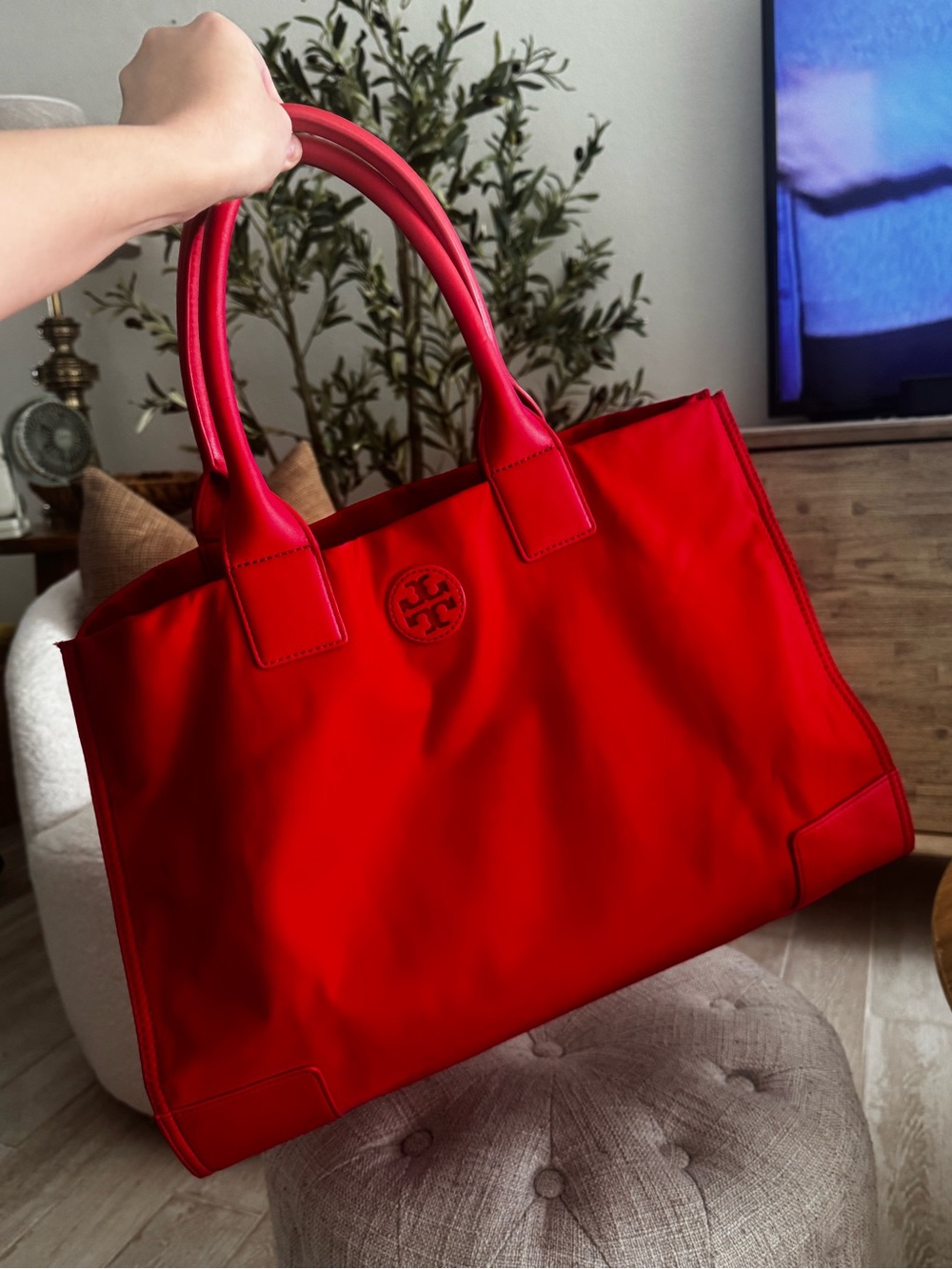 Tory Burch Bright Red Nylon Tote with Logo Medallion